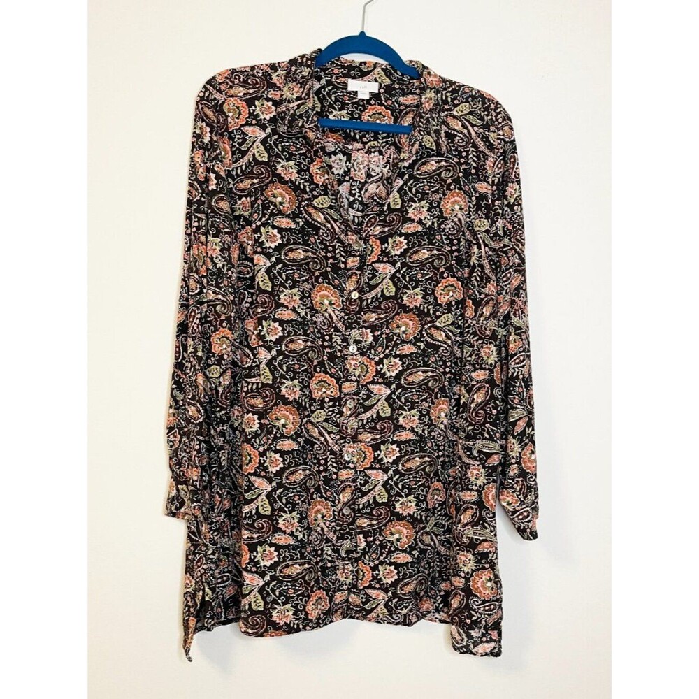 J. Jill Paisley Floral Button Down Top Large Boho Dark Floral Paisley Blouse